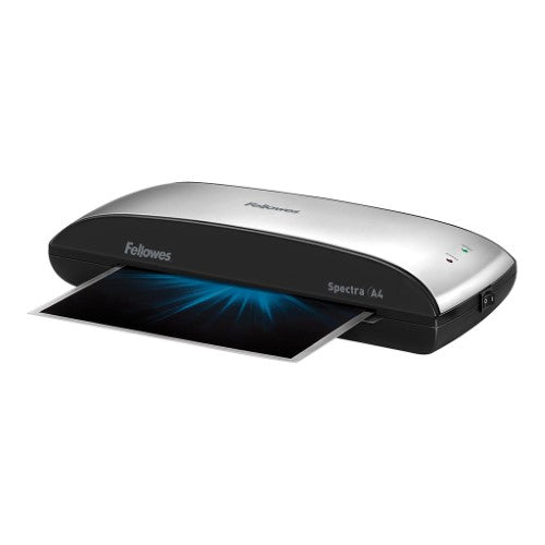 Fellowes Spectra A4 Laminator, quick heating, 30 cm/min speed, and 10 pouch starter kit for home and office use.