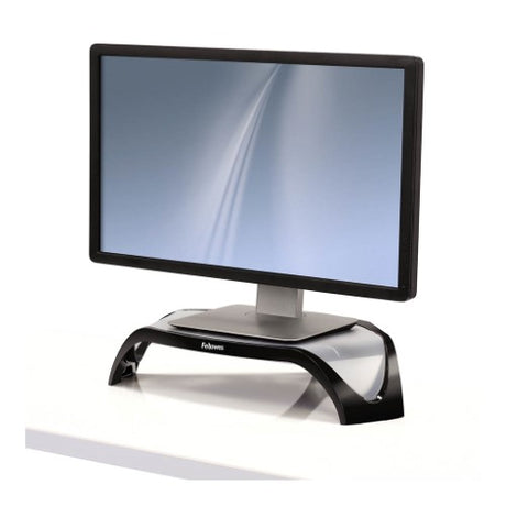 Fellowes Smart Suites Monitor Riser elevates monitors, reduces neck strain, supports up to 21 inches, three height adjustments.