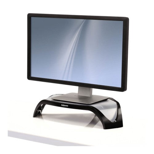 Fellowes Smart Suites Monitor Riser elevates monitors, reduces neck strain, supports up to 21 inches, three height adjustments.