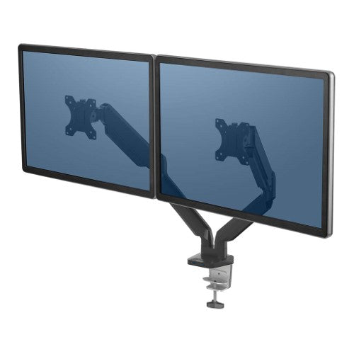 Fellowes Platinum Dual Monitor Arm elevates dual screens with gas spring tech for ergonomic comfort and tidy workspace.