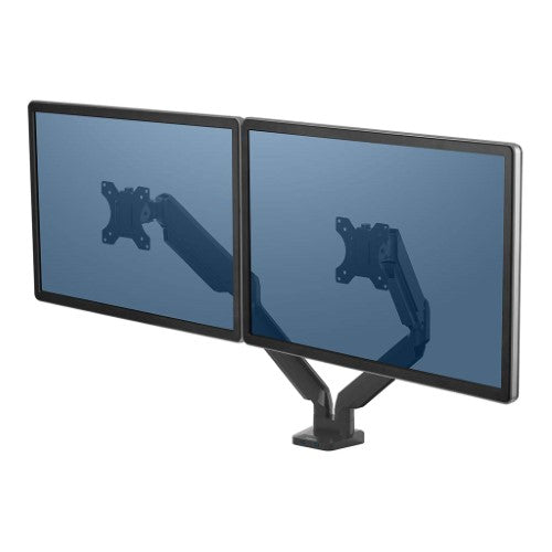 Fellowes Platinum Dual Monitor Arm elevates monitors for improved ergonomics, featuring gas spring tech and tidy cord management.