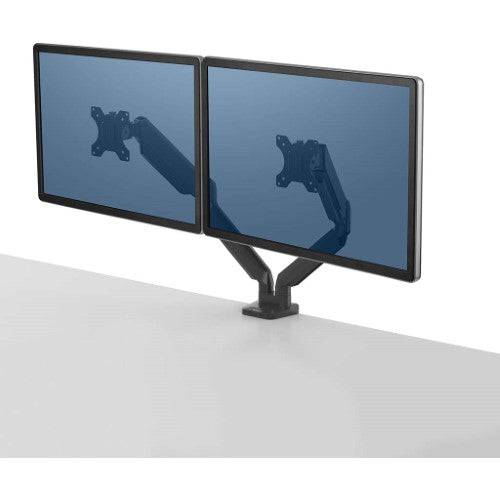 Fellowes Platinum Dual Monitor Arm with gas spring technology for height adjustments, supports dual monitors up to 27 inches.