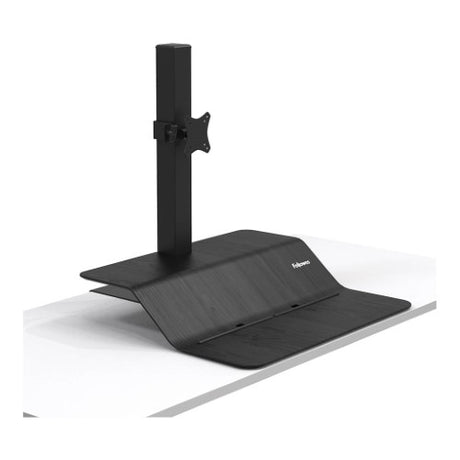 Fellowes Lotus VE workstation with adjustable height and dual surfaces for monitors and accessories, promoting ergonomic flexibility.