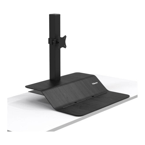 Fellowes Lotus VE workstation with adjustable height and dual surfaces for monitors and accessories, promoting ergonomic flexibility.