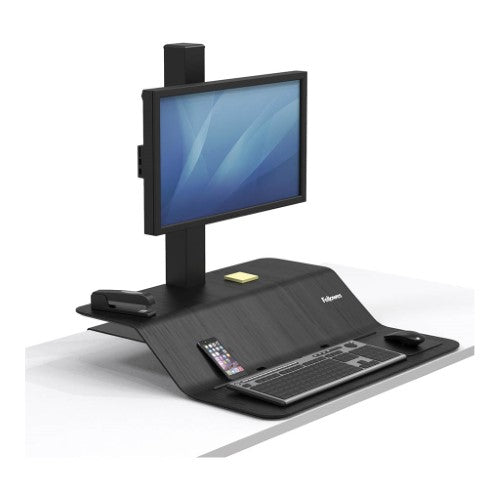 Fellowes Lotus VE Single Monitor Sit-Stand Workstation with adjustable height and dual surfaces for ergonomic workspace improvement.