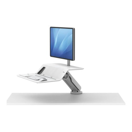 Fellowes Lotus RT white sit-stand workstation with single monitor arm for ergonomic flexibility and improved workspace comfort.
