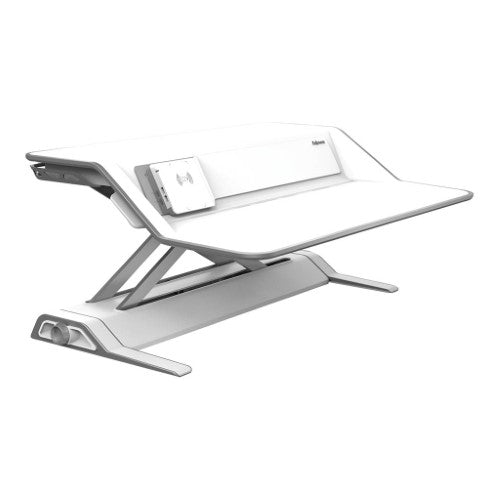 Fellowes Lotus DX Sit Stand Workstation in White with wireless charging, USB ports, ergonomic design, and Microban protection.