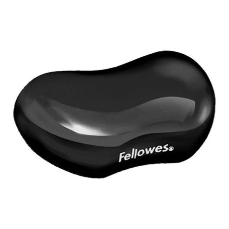 Ergonomic black wrist support with gel cushion, stain-resistant surface, and non-skid backing for comfortable typing.