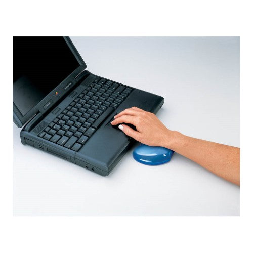Fellowes Gel Crystals Flex Rest in blue, featuring a thick gel cushion for wrist support and a stylish, non-slip design.