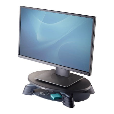 Fellowes Rotating Monitor Riser elevates screens with ergonomic height adjustment, 45-degree rotation, and a storage tray.