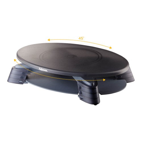 Fellowes Rotating Monitor Riser elevates monitors up to 14kg, featuring 45° rotation and adjustable height for ergonomic comfort.