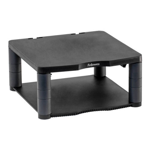 Fellowes Premium Monitor Riser elevates your monitor, offers five height adjustments, and includes a paper storage shelf.