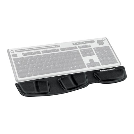 Fellowes Keyboard Palm Support in black, featuring memory foam, ergonomic design, and antimicrobial protection for wrist comfort.