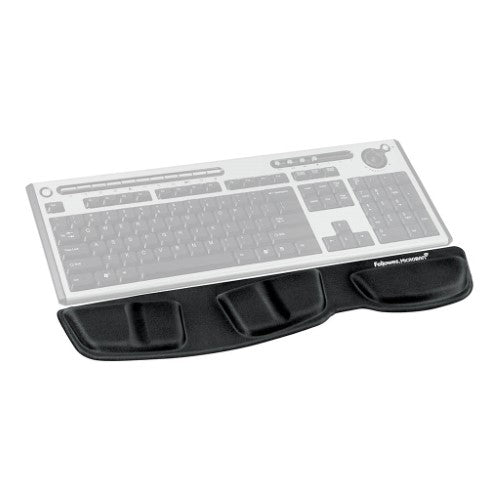 Fellowes Keyboard Palm Support in black, featuring memory foam, ergonomic design, and antimicrobial protection for wrist comfort.