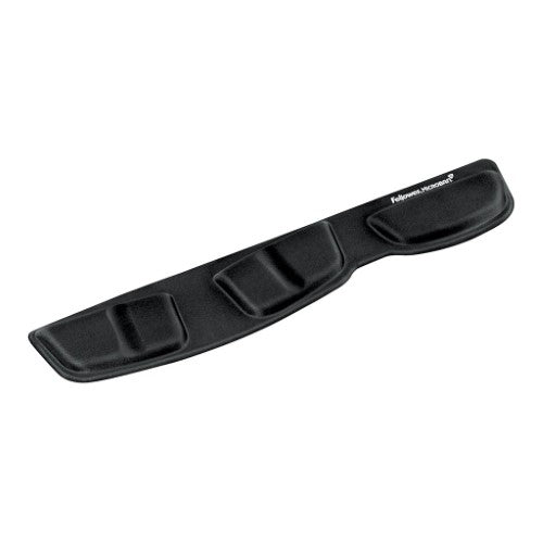 Fellowes Keyboard Palm Support in black, featuring memory foam, ergonomic design, and antimicrobial protection for comfort while typing.