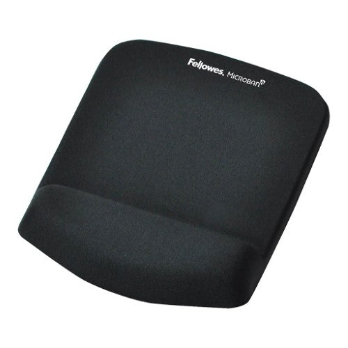 Fellowes PlushTouch Wrist Rest Mouse Pad in Black with FoamFusion Technology for ergonomic support and Microban protection.