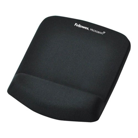 Fellowes PlushTouch Wrist Rest Mouse Pad in Black with FoamFusion Technology for ergonomic support and Microban protection.
