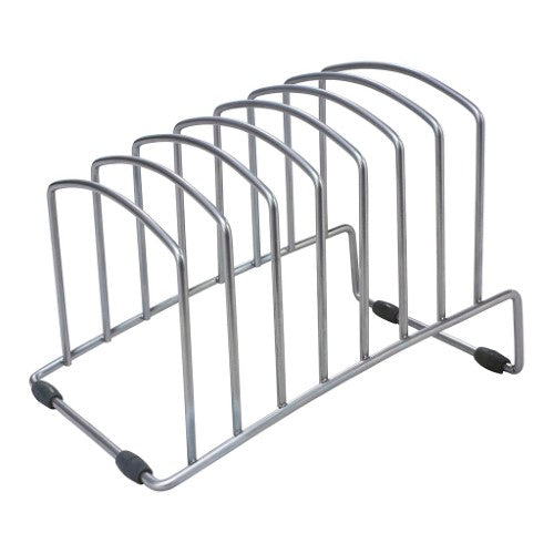 U-shaped metal file rack with 7 slots, perfect for organizing folders, books, and magazines in a sleek silver finish.
