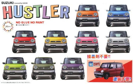 1/24 scale plastic model kit of a red Suzuki Hustler, perfect for enthusiasts and beginners alike.