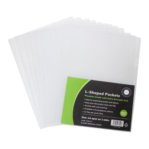 Pack of 12 A4 L Shaped Clear Pockets, 180 microns thick, archival-safe, top & side openings, available in 8 translucent colors.