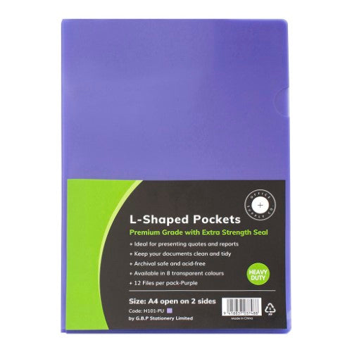 Purple A4 L Shaped Pockets pack of 12, archival-safe, heavy-duty, ideal for organizing and protecting documents.