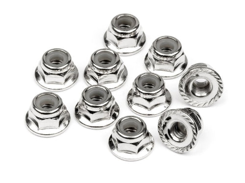 Serrated flange lock nut M4 for secure assembly in RC vehicles, providing stability and resistance to vibration.