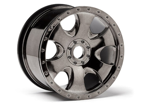 Black chrome Warlock wheels with 17mm hex fitment, designed for HPI Savage X and other monster trucks.