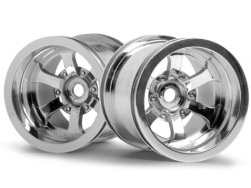 Shiny chrome six-spoke wheels for RC trucks, ideal for performance and style, compatible with 12mm hex hubs.