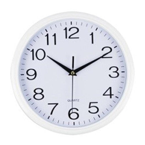 White Italplast wall clock, 300mm diameter, plastic frame, glass face, battery-operated.