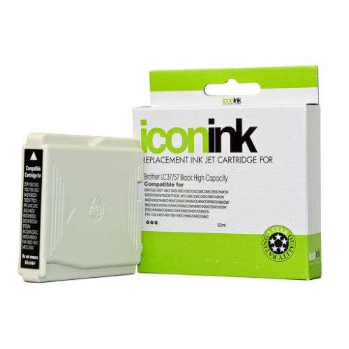 Icon Compatible Black Ink Cartridge for Brother LC37 LC57, prints up to 500 pages with high-quality, crisp results.