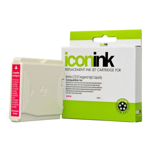 Icon Compatible Brother LC37 LC57 Magenta Ink Cartridge for vibrant prints, yielding up to 400 pages, easy to replace.