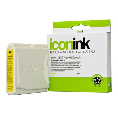 Icon Compatible Brother LC37 LC57 yellow ink cartridge for vibrant prints, yields up to 400 pages, easy installation.