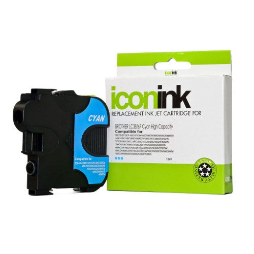 Icon Compatible Brother LC38 LC67 Cyan Ink Cartridge for vibrant, high-quality prints, yields up to 325 pages.