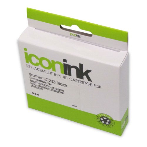 Icon Compatible Black Ink Cartridge for Brother LC233, prints up to 500 pages with crisp text and vivid images.