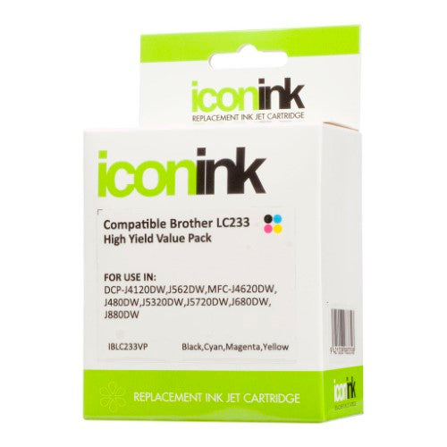 Icon Compatible LC233 ink value pack with Black, Cyan, Magenta, and Yellow cartridges, each yielding up to 500 pages.