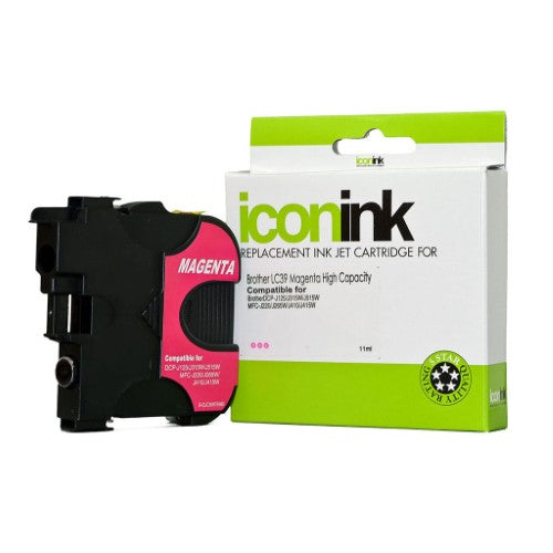 Icon compatible Brother LC39 Magenta ink cartridge for vibrant prints, up to 470 pages, easy installation.