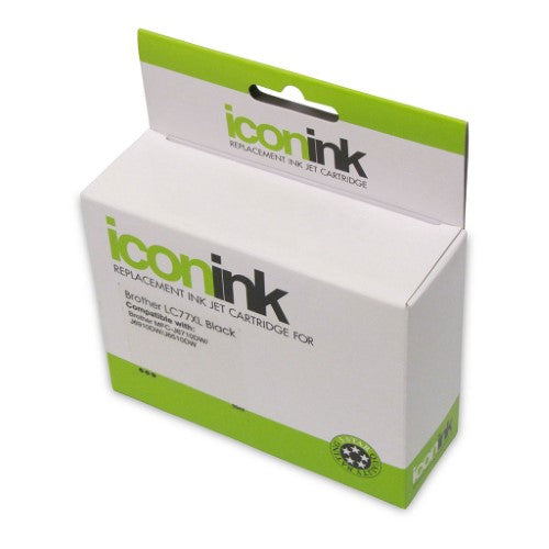 Icon compatible black ink cartridge for Brother LC77XL, yields up to 2,400 pages, ideal for sharp text and vibrant photos.