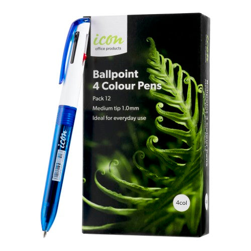 Pack of 12 Icon Ballpoint 4 Colour Pens with blue, black, red, green ink for vibrant note-taking and smooth writing.