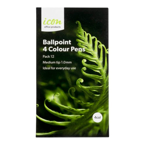 Pack of 12 Icon Ballpoint 4 Colour Pens with blue, black, red, and green inks for vibrant, color-coded writing.