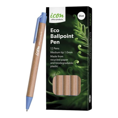 Pack of 12 Icon Eco Ballpoint Pens in vibrant blue, made from 100% recycled materials for sustainable writing.