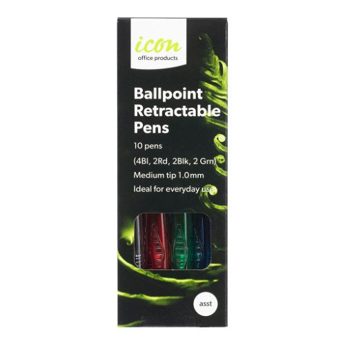 Assorted pack of 10 Icon ballpoint pens with waterproof ink in blue, black, red, and green for smooth, durable writing.