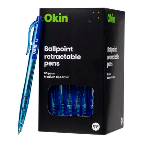Pack of 50 Icon retractable ballpoint pens in medium blue, featuring waterproof ink and a smooth 1.0mm tip for reliable writing.