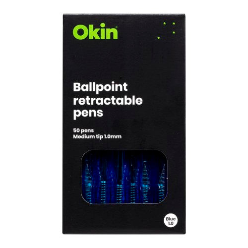 Pack of 50 Icon Ballpoint Retractable Pens in medium blue, featuring waterproof and fade-proof ink with a smooth 1.0mm tip.