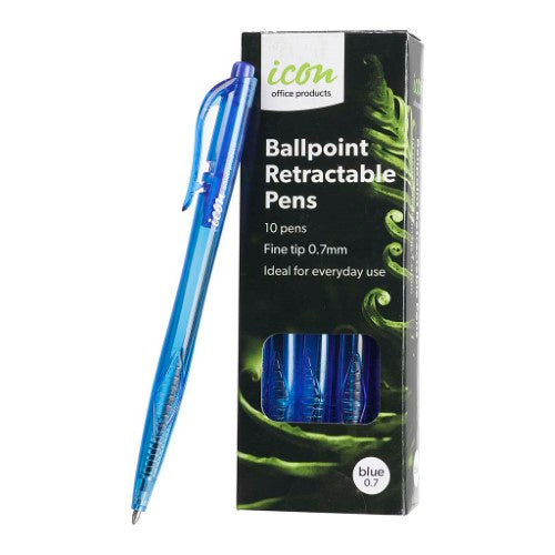 Pack of 10 Icon retractable ballpoint pens with fine 0.7mm blue tip for smooth, waterproof, and fadeproof writing.
