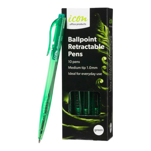 Pack of 10 Icon medium green ballpoint pens, featuring retractable design and smooth, fadeproof ink for reliable writing.