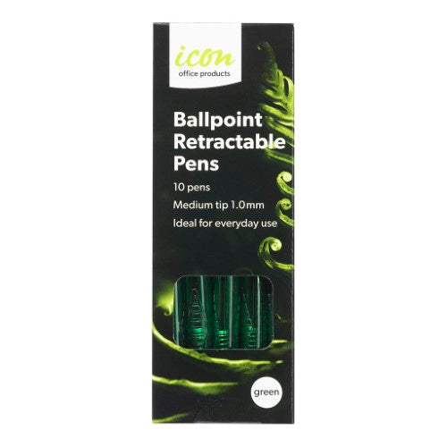 Pack of 10 Icon Medium Green Ballpoint Retractable Pens, featuring smooth 1.0mm tip and fadeproof ink for reliable writing.