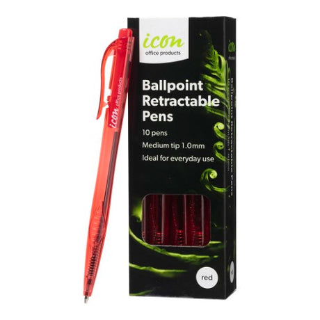 Pack of 10 Icon Retractable Ballpoint Pens in vibrant red, featuring waterproof ink and a smooth 1.0mm medium tip.