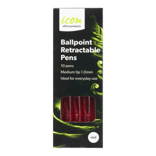 Pack of 10 Icon Retractable Ballpoint Pens in vibrant red, featuring 1.0mm medium tip for smooth, fadeproof writing.