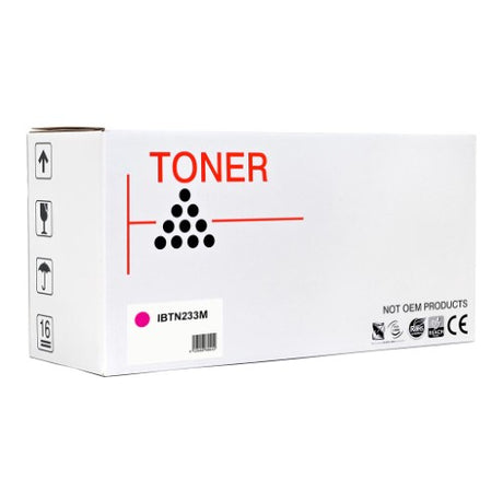 Icon compatible Brother TN233 magenta toner cartridge for vibrant prints, 1300-page yield, easy installation.