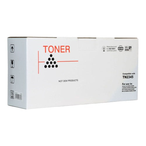 High-yield Icon compatible Brother TN2345 toner cartridge for sharp prints, compatible with various Brother printer models.